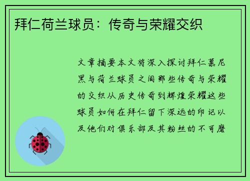 拜仁荷兰球员：传奇与荣耀交织