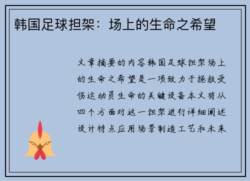 韩国足球担架：场上的生命之希望